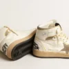 Sky-Star da donna in pelle nappa bianca con stella in pelle scamosciata grigio tortora