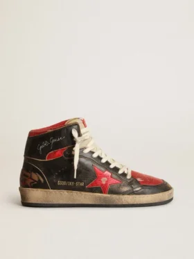 Sky-Star da donna in pelle nera lucida con stella rossa