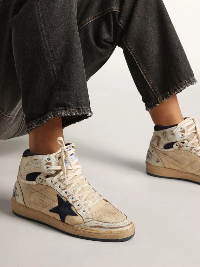 Sky-Star da uomo in nylon color crema e pelle con stella in pelle scamosciata blu