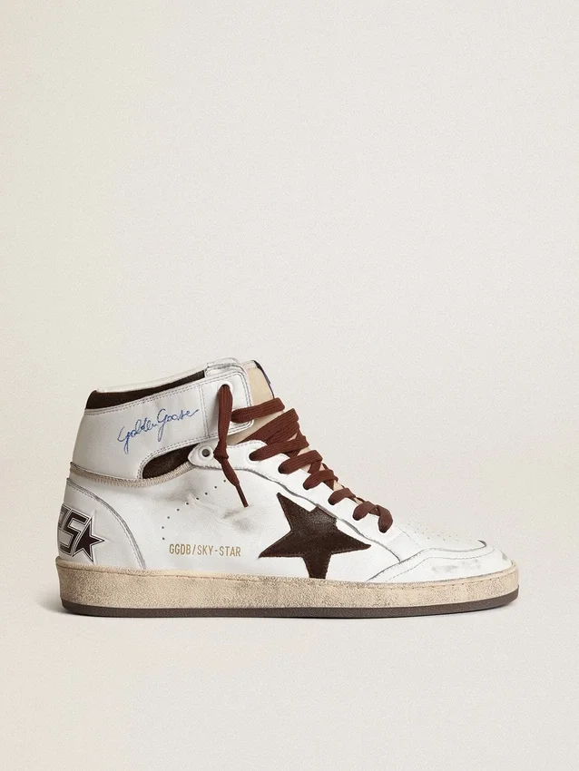 Sky-Star da uomo in pelle nappa bianca con stella in pelle scamosciata color cioccolato