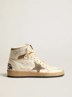 Sky-Star da uomo in pelle nappa bianca con stella in pelle scamosciata grigio tortora