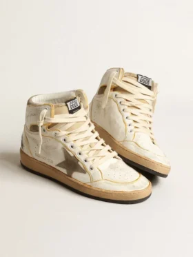 Sky-Star da uomo in pelle nappa bianca con stella in pelle scamosciata grigio tortora