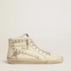 Slide con stella in pelle metallizzata argento e inserto in pelle con stelle