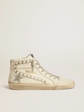 Slide con stella in pelle metallizzata argento e inserto in pelle con stelle