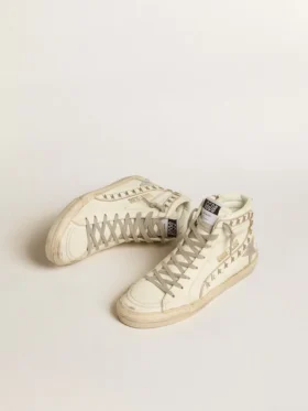 Slide con stella in pelle metallizzata argento e inserto in pelle con stelle