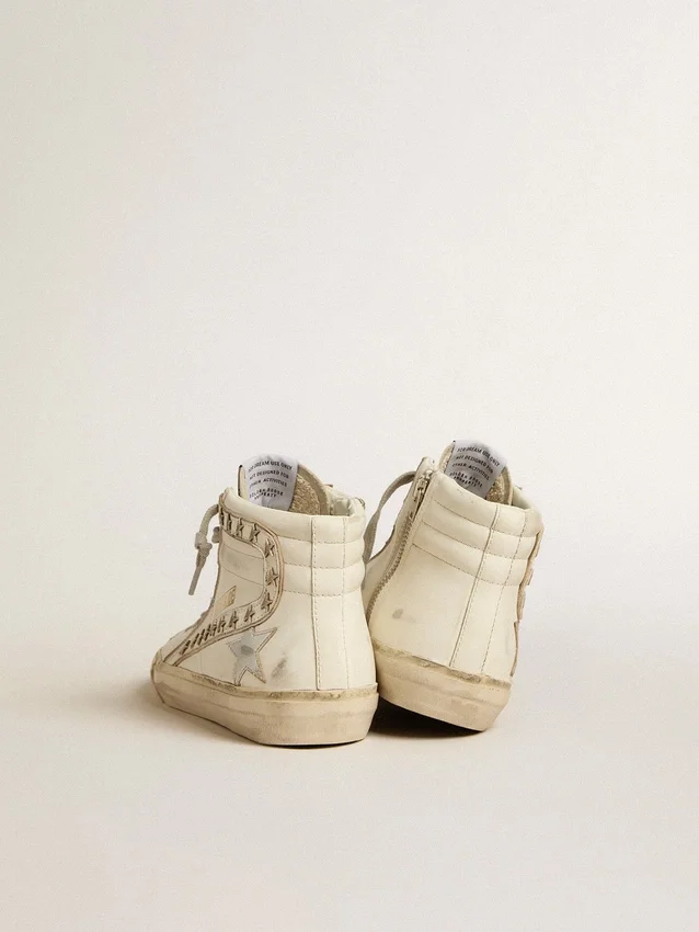 Slide con stella in pelle metallizzata argento e inserto in pelle con stelle