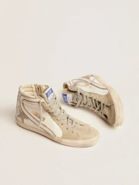 Slide da donna con stella in pelle scamosciata grigio ghiaccio e dettaglio bianco