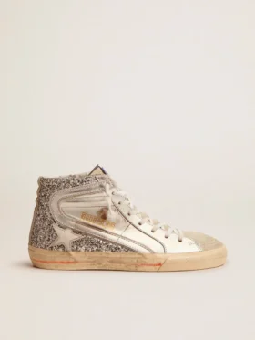 Slide da donna con tomaia in pelle laminata e glitter argento