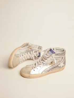 Slide da donna con tomaia in pelle laminata e glitter argento