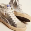 Slide da donna con tomaia in pelle laminata e glitter argento