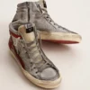 Slide da donna con tomaia in pelle metallizzata argento e inserti in pelle metallizzata rossa