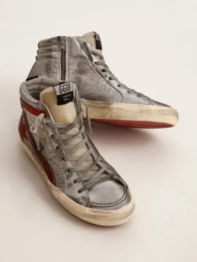 Slide da donna con tomaia in pelle metallizzata argento e inserti in pelle metallizzata rossa