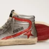 Slide da donna con tomaia in pelle metallizzata argento e inserti in pelle metallizzata rossa