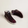 Slide da donna in glitter nero ciliegia e pelle scamosciata con stella in pelle e dettaglio in pelle metallizzata