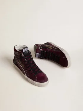Slide da donna in glitter nero ciliegia e pelle scamosciata con stella in pelle e dettaglio in pelle metallizzata