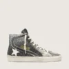 Slide da donna in nero e glitter argento con stella in pelle e riflessi metallici