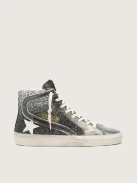 Slide da donna in nero e glitter argento con stella in pelle e riflessi metallici