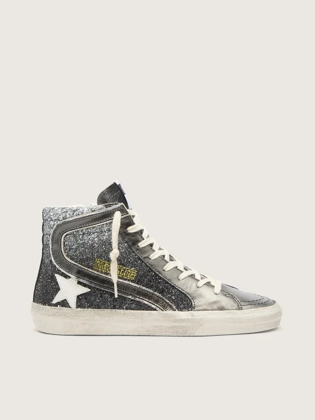 Slide da donna in nero e glitter argento con stella in pelle e riflessi metallici