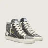 Slide da donna in nero e glitter argento con stella in pelle e riflessi metallici