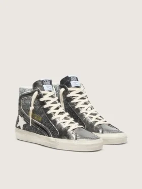 Slide da donna in nero e glitter argento con stella in pelle e riflessi metallici