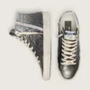 Slide da donna in nero e glitter argento con stella in pelle e riflessi metallici