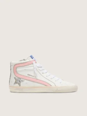 Slide da donna in pelle bianca con stella glitterata argento e dettaglio in pelle rosa