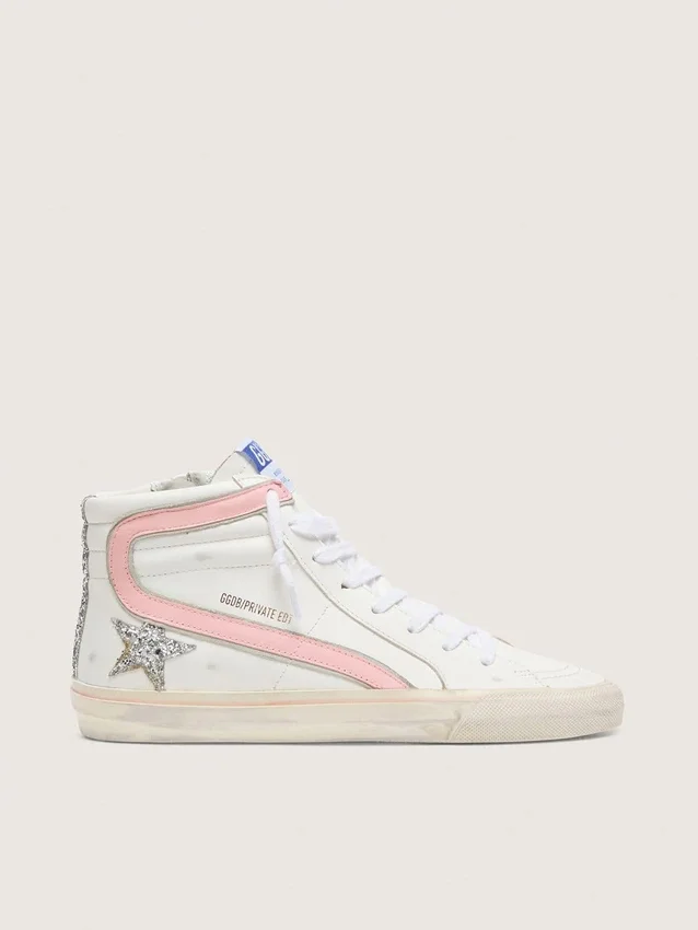 Slide da donna in pelle bianca con stella glitterata argento e dettaglio in pelle rosa