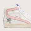 Slide da donna in pelle bianca con stella glitterata argento e dettaglio in pelle rosa