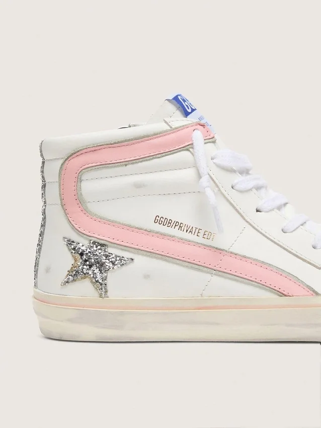 Slide da donna in pelle bianca con stella glitterata argento e dettaglio in pelle rosa