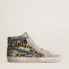 Slide da donna in pelle di pony con stampa leopardata e stella in pelle argentata