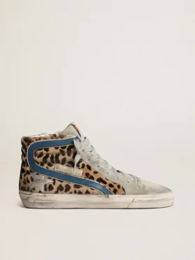 Slide da donna in pelle di pony con stampa leopardata e stella in pelle argentata