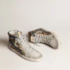 Slide da donna in pelle di pony con stampa leopardata e stella in pelle argentata