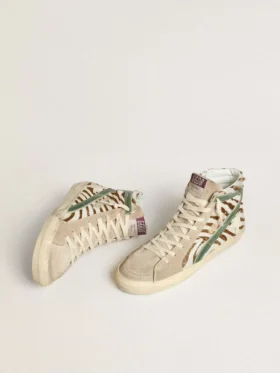 Slide da donna in pelle di pony con stampa zebrata e inserto in pelle laminata verde