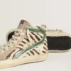 Slide da donna in pelle di pony con stampa zebrata e inserto in pelle laminata verde