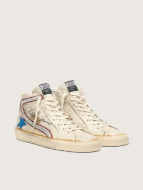 Slide da uomo con stella in pelle azzurra e inserto in pelle argento metallizzato