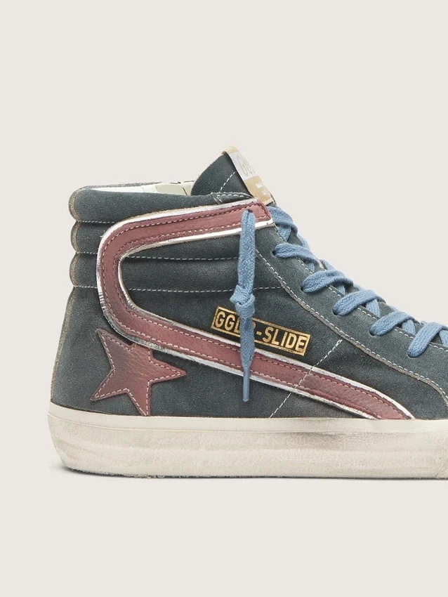 Slide da uomo in pelle scamosciata grigia con stella e striscia in nabuk marrone