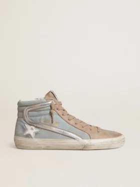 Slide da uomo in tela azzurra con inserto in pelle metallizzata argento