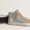 Slide da uomo in tela azzurra con inserto in pelle metallizzata argento