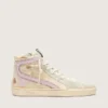 Slide in beige con stella e striscia in pelle rosa metallizzata