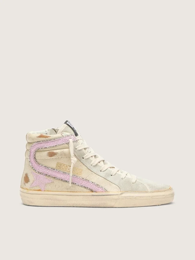 Slide in beige con stella e striscia in pelle rosa metallizzata