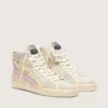 Slide in beige con stella e striscia in pelle rosa metallizzata