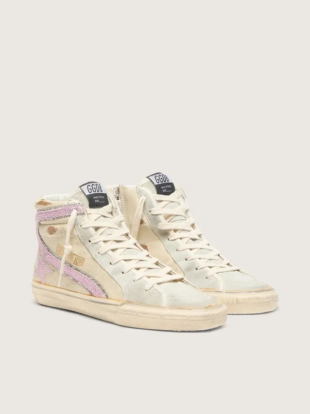 Slide in beige con stella e striscia in pelle rosa metallizzata