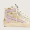 Slide in beige con stella e striscia in pelle rosa metallizzata