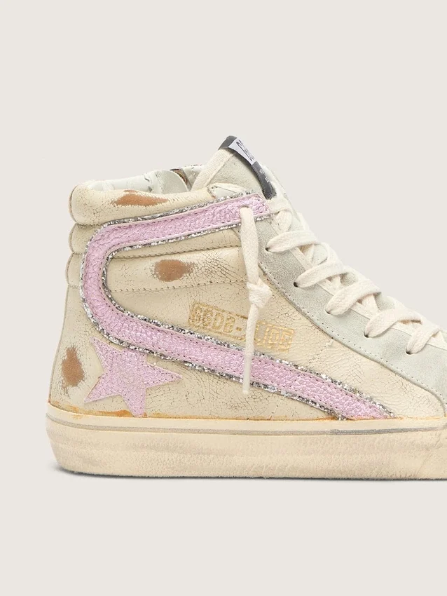 Slide in beige con stella e striscia in pelle rosa metallizzata