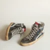 Slide in denim blu notte con stella in pelle bianca