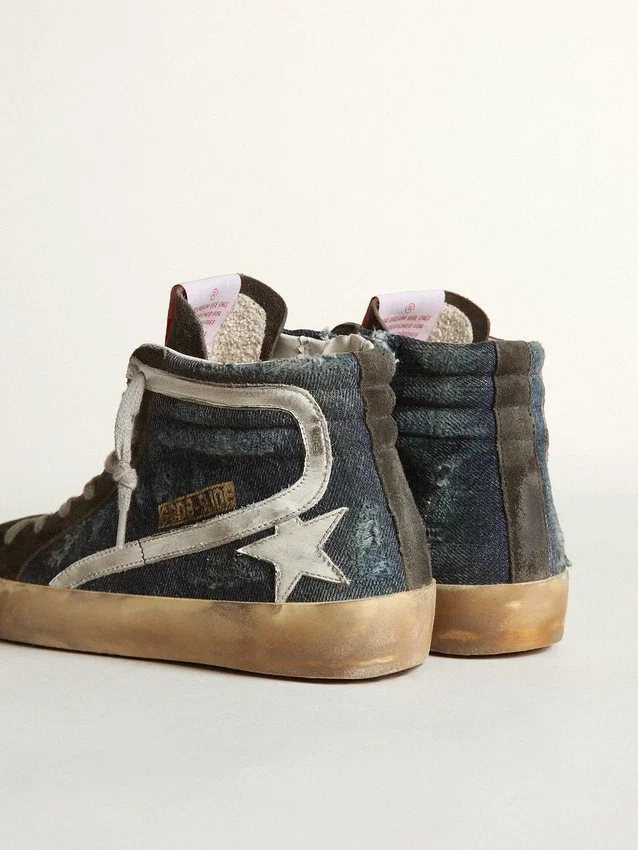 Slide in denim blu notte con stella in pelle bianca