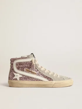 Slide in glitter lilla con stella in pelle bianca e dettagli luccicanti
