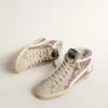 Slide in glitter lilla con stella in pelle bianca e dettagli luccicanti