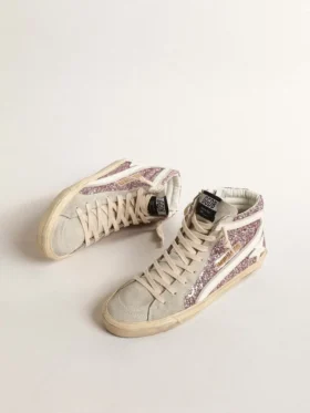 Slide in glitter lilla con stella in pelle bianca e dettagli luccicanti