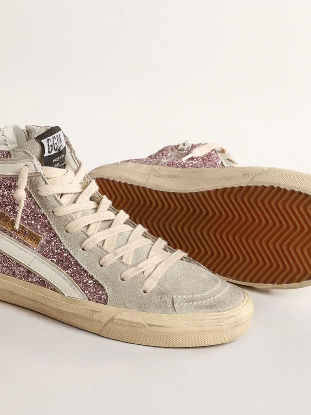 Slide in glitter lilla con stella in pelle bianca e dettagli luccicanti